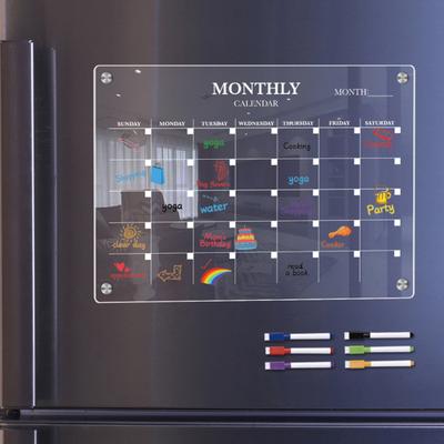 Tablă de planificare lunară magnetică A3/A4 cu 6 markere colorate, reutilizabilă, din acril transparent, calendar pentru frigider, ștergere uscată, tablă de planificare lunară.