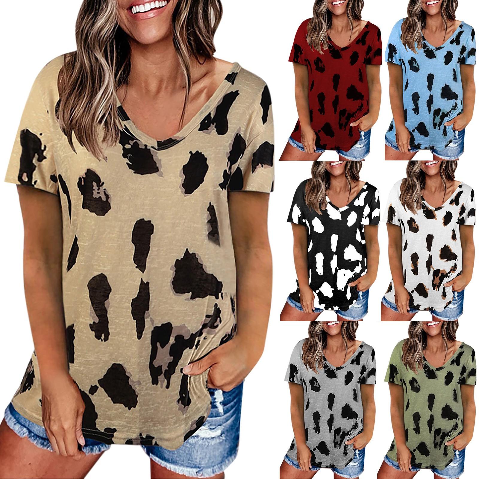 

Women s Tops Summer Leopard Print Raglan Short Sleeve Basic-T Shirt Blouse