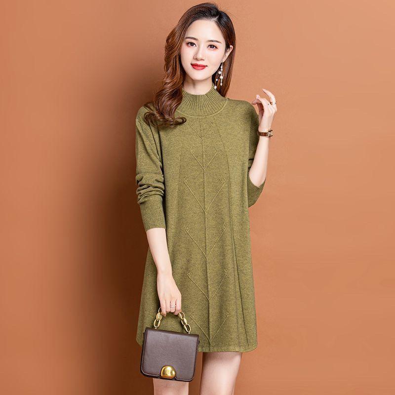 Mid-length Pullover Women's Solid-color Casual Knitted Sweater Dress Autumn and Winter Loose Large-sized Knitted Sweater