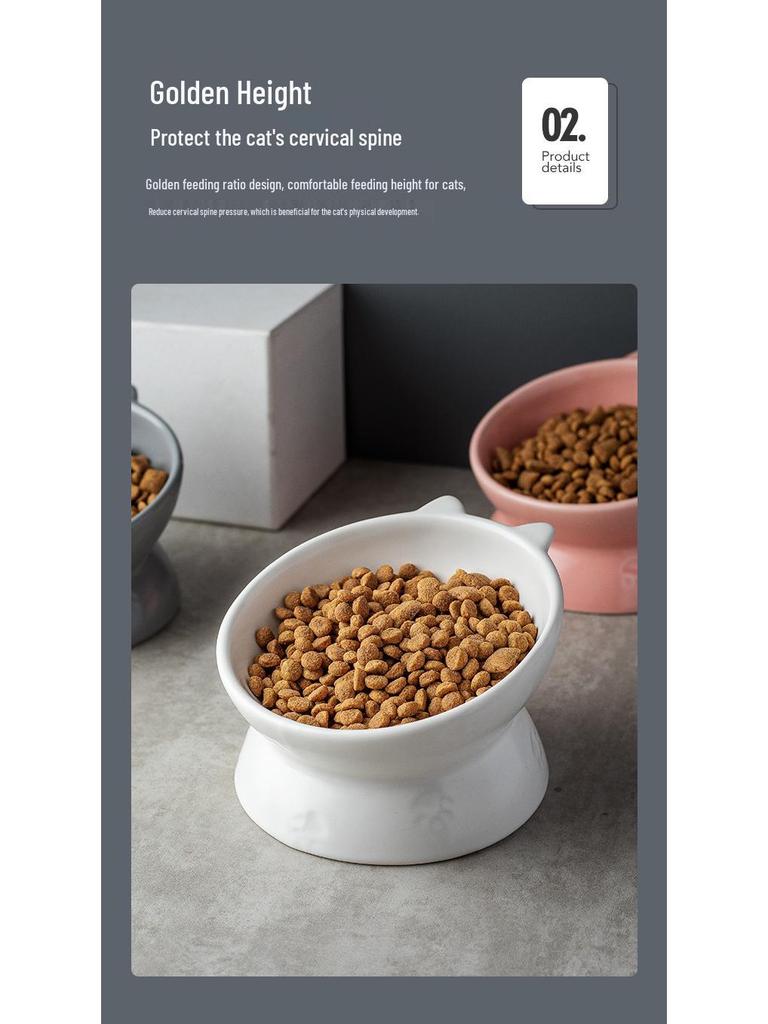 Double-Eared Slanted Ceramic Cat Bowl - Matte Glaze, Anti-Black Chin, Cervical Spine Support, Cute Design