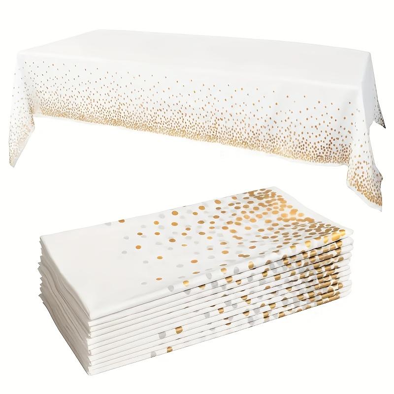 6pcs Premium Disposable Tablecloths, White with Golden Dots, & Leak-Proof, 54 X 108 Inches, Rectangular Plastic Table Covers for Parties, Weddings