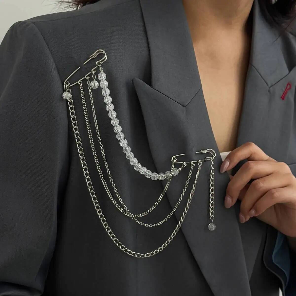 SHIXIN 2026 Exquisite Long Tassel Chain Brooch Women Handmade Beaded Multilayer Chain Multi Functional Fixed Pin Clothes Decorat