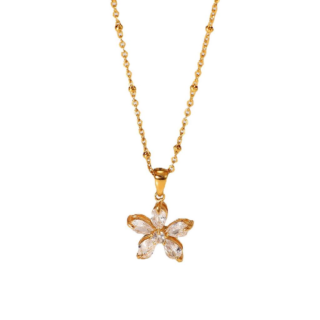 INS New Flower Necklace: 18K Gold-Plated Stainless Steel with 16mm White Zircon Five-Petal Flower Pendant for Women