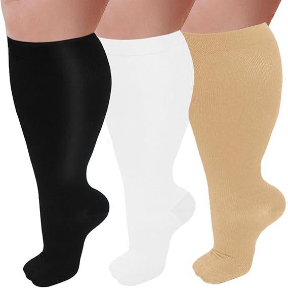 Three-Pair Pack Plus Size Knee-High Compression Socks for Wide Calf - Extra Large Support & Circulation Pressure Socks
