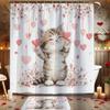 4Pcs Cute Cat And Heart Shower Curtain Set with Non-Slip Bath Mat, Toilet Lid Cover, Contour Rug & 12 Hooks, Bathroom Decor