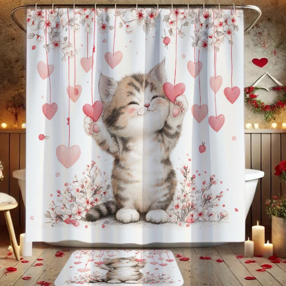 4Pcs Cute Cat And Heart Shower Curtain Set with Non-Slip Bath Mat, Toilet Lid Cover, Contour Rug & 12 Hooks, Bathroom Decor