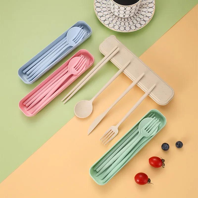 Tableware Spoon Fork Chopsticks Knife Cutlery with Box for Children Adult Travel Portable Wheat Straw Tableware