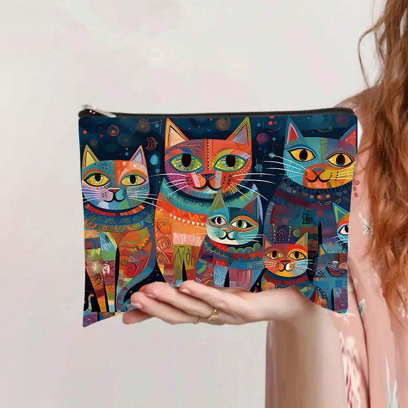 Retro Katzen Kosmetiktasche Leinwand Reißverschluss Große Kapazität Federmäppchen Kosmetikaufbewahrung Handwaschtasche