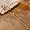 Tri-color Beads Rosary Virgin Mary Jesus Cross Charm Bracelet for Women, Metal Beaded Chain Religious Pray Jewelry