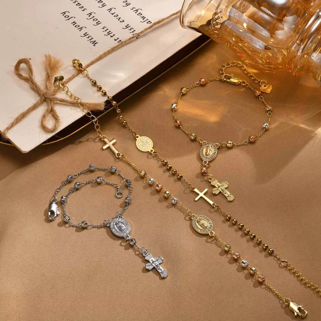 Tri-color Beads Rosary Virgin Mary Jesus Cross Charm Bracelet for Women, Metal Beaded Chain Religious Pray Jewelry