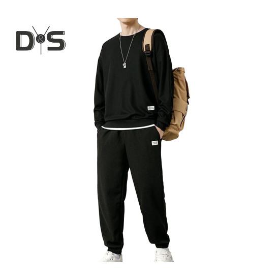 

Комплект мужской спортивной одежды из 2 предметов с круглым вырезом, длинными рукавами, топами, эластичными завязками на талии, карманами, спортивными штанами, вафельной текстурой, спортивный костюм для отдыха XXL чёрный