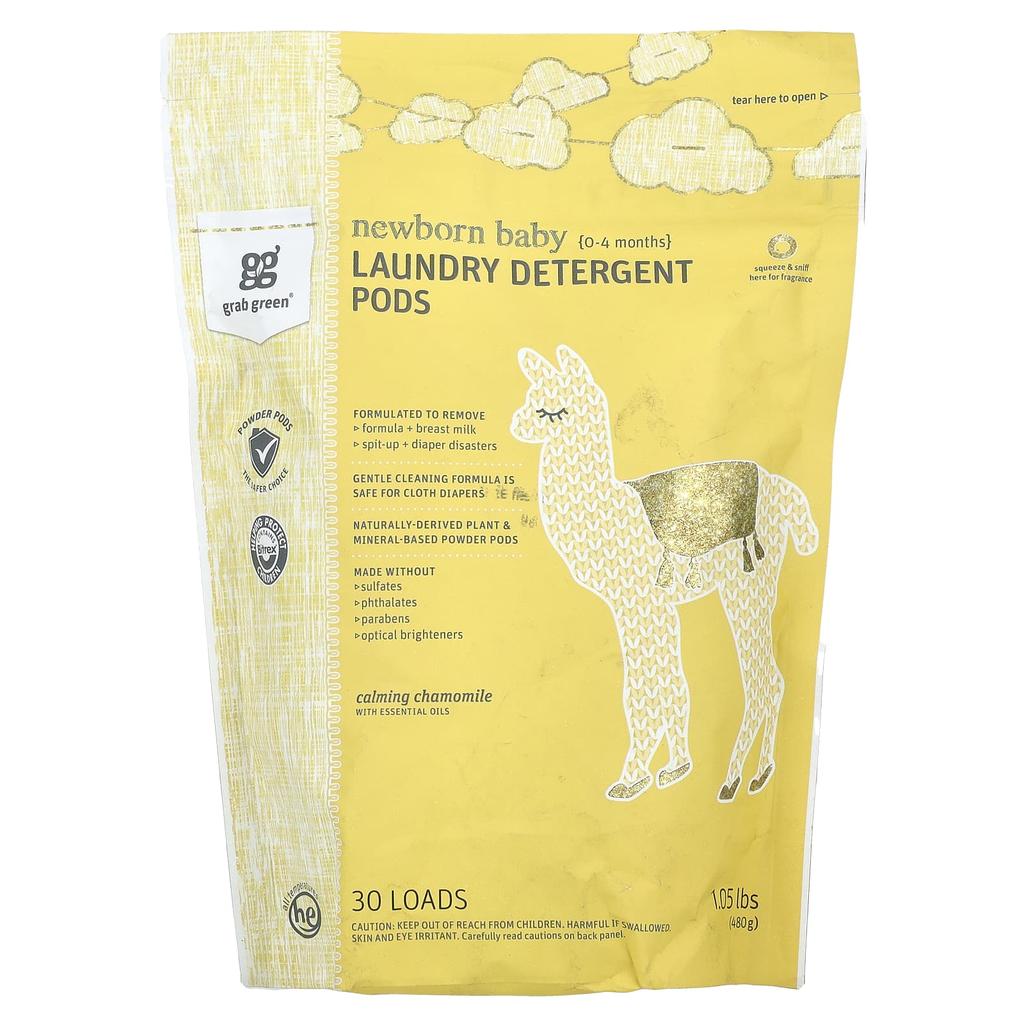 Grab Green Waschmittel-Pods, Neugeboren, 0-4 Monate, Beruhigende Kamille und Ätherische Öle, 30 Anwendungen, 1,05 lbs (480 g)