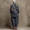 1116 New European and American Chinese Stand-up Collar Geometric Printing Linen Retro Loose Cotton and Linen Suit Women
