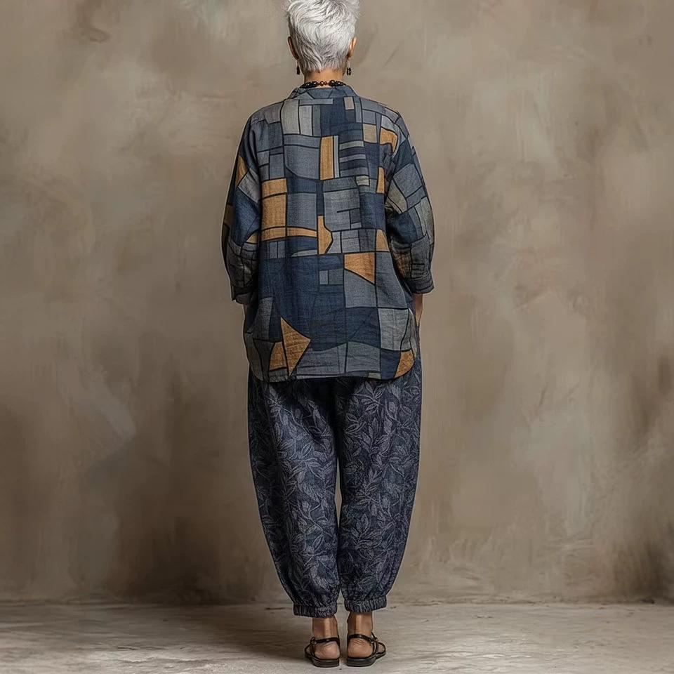 1116 New European and American Chinese Stand-up Collar Geometric Printing Linen Retro Loose Cotton and Linen Suit Women