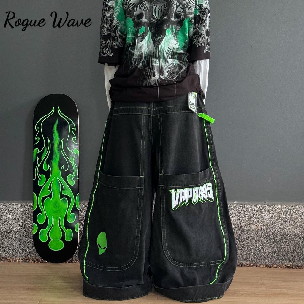 RogueWave Fashion Hombre Mujer Tendencia Hip Hop Bolsillo Grande Jeans Pierna Ancha Lavado Vintage High Street Jeans Holgados Pantalones Patchwork Negros