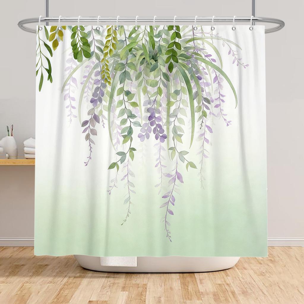 Watercolor Floral Shower Curtain Leaves Flowers Waterproof Bath Curtain For Bathroom Decor Polyester Fabric With Hooks Included