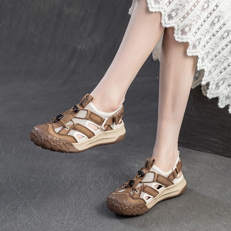 Johnature Retro Runde Zehen Atmungsaktive Mesh Sport-Sandalen Echtes Leder Leichte Damen Schuhe
