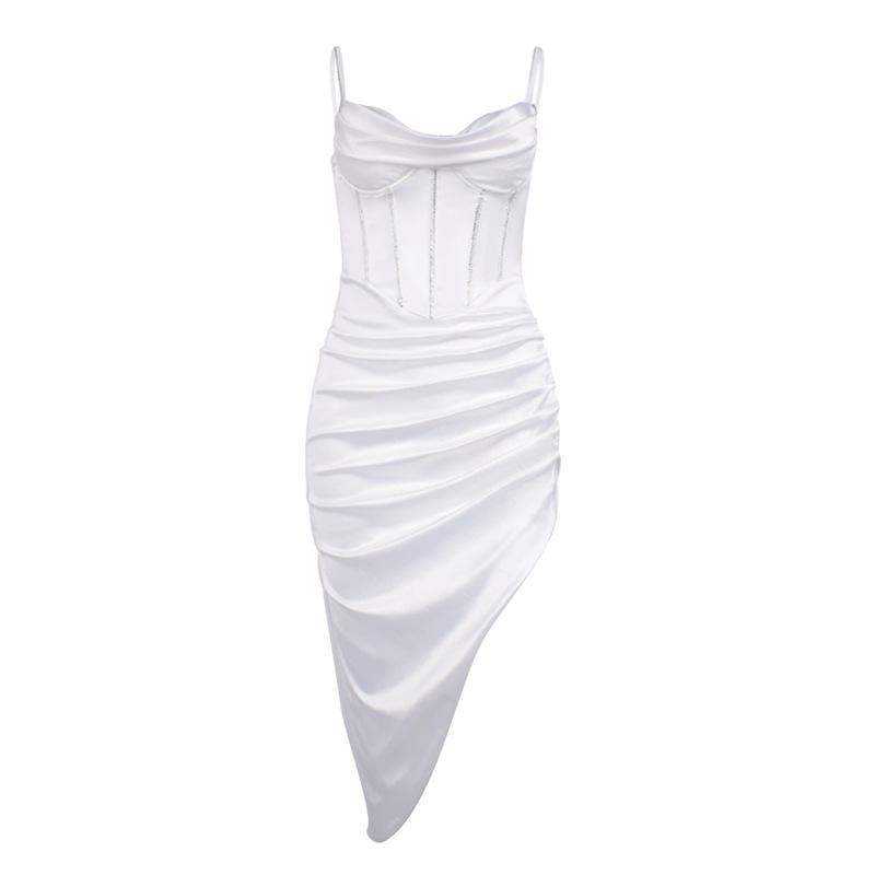Dress, European and American Women's Clothing, Suspender Halter, Sexy Fish Bone Satin Pleated High Split Dress