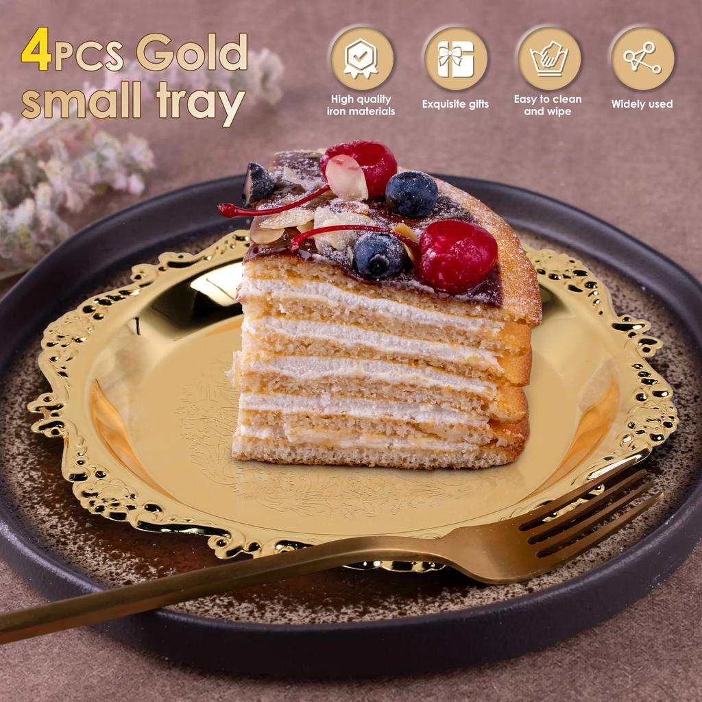4 Stück Goldener Tablett Metall Eisen Goldene Platte Rund Schmuckschale Tablett für Dekoration Ornamente Buffet Obst Kuchen Partyzubehör