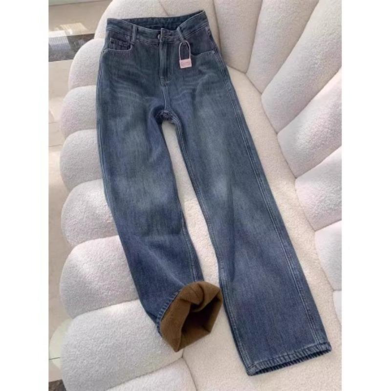Fleece Thickened Narrow Straight-leg Jeans Women's Winter M High-waisted and Thin Versatile Wide-leg Pants