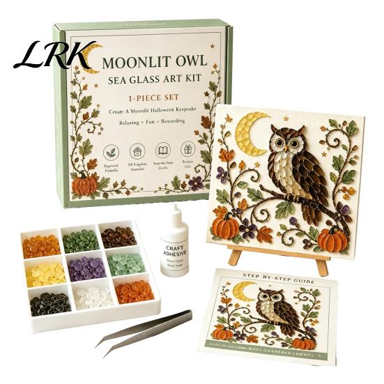 Easy Craft Kit for Beginners Halloween Sea Glass Art DIY Kit, Ghost Black Cat Owl Raven Pumpkin Creative Journey Gift Set Mosaic Set, Beginner