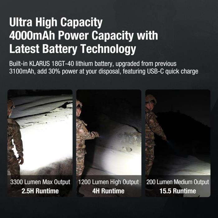 Lampe de poche tactique - klarus - xt11gt pro - 3300 lumens - rechargeable usb - ipx8 imperméable