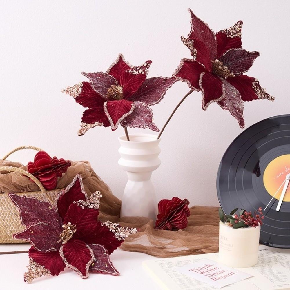 New 26CM Wine Red Artificial Poinsettia Flower Sequins Sparkling Simulation Flowers Glitter DIY Christmas Flower Home Decoration