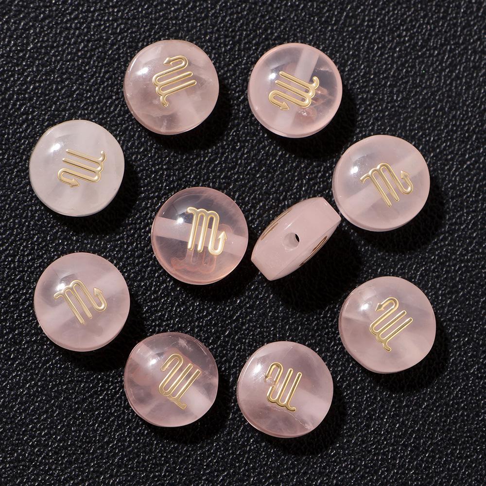 5pcs 8MM Pink Natural Rose Quartz Flat Round 12 zodiac signs constellation Stone Charms For DIY Making Jewelry