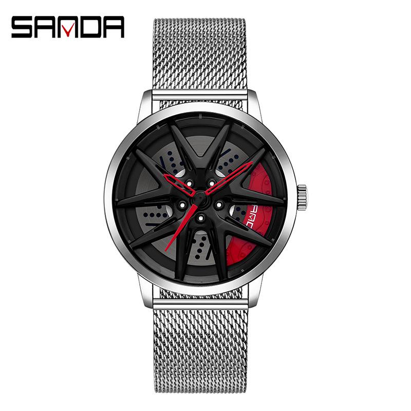 Sanda Men's Fashion Quartz Watch, Mesh Strap, Waterproof, Outdoor Casual, Hollow Wheel Dial.