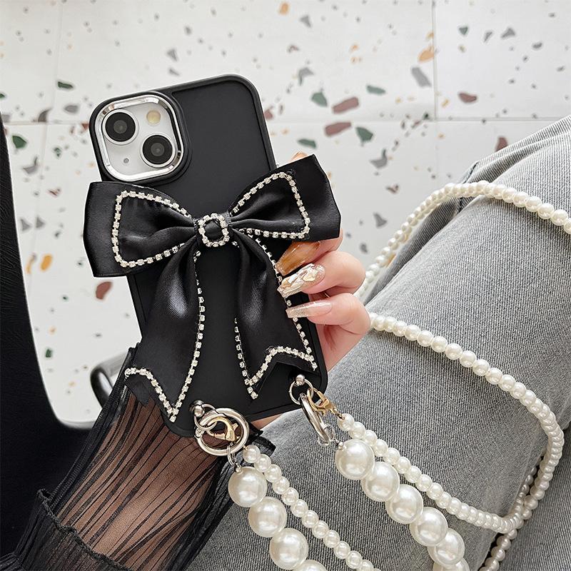 For Apple 16 Promax Solid Color Silicone Phone Case for IPhone 14 Bow 15 Pearl Hand Chain Cross Body