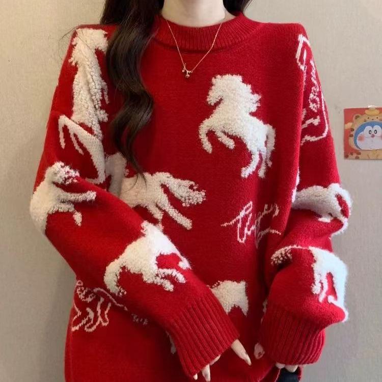 High-End Red Christmas Sweater for Plus Size Women: Loose, Slimming, Super Stylish Knitwear Top