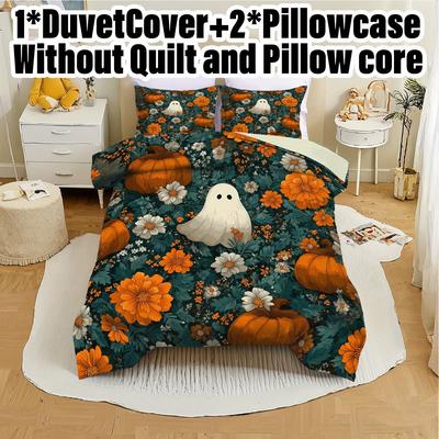 3pcs Halloween Pumpkin Monster Duvet Cover Set Without Core Quilt Cover with 2 PillowcasesSoft and Machine Washable