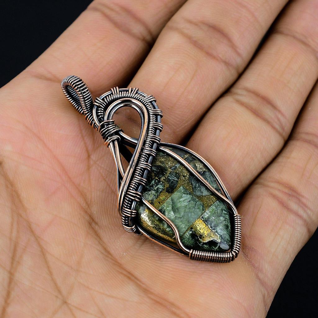 Copper Seraphinite Pendant, 999 Copper Wire Wrapped Gemstone Jewelry, Handmade Pendant, For Thanksgiving