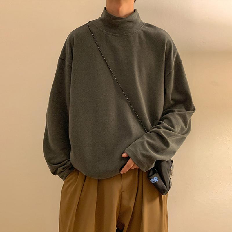 

Пуловер с полуводолазкой, осенняя однотонная нижняя рубашка, японская повседневная мужская футболка с длинными рукавами, свободный пуловер 3XL темно-серого