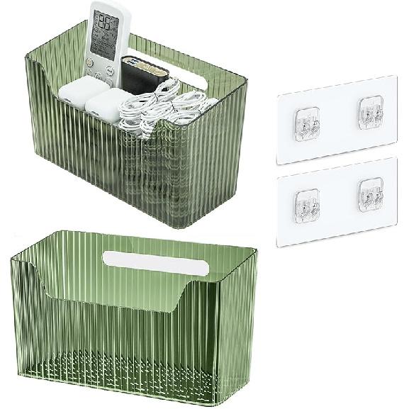 Set Of 2 Storage Organizer Bins Wall Mounted Shower Basket, Shower Caddy Stackable Clear Plastic Makeup Organizer Adhesive Hanging Bin for Bathroom,