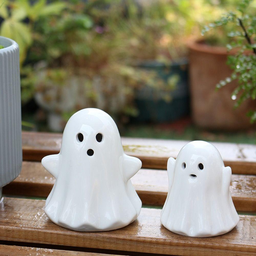 2pcs Cute Halloween LED Ghost Ornaments Ceramic Small Ghost Figurines  Cabinet