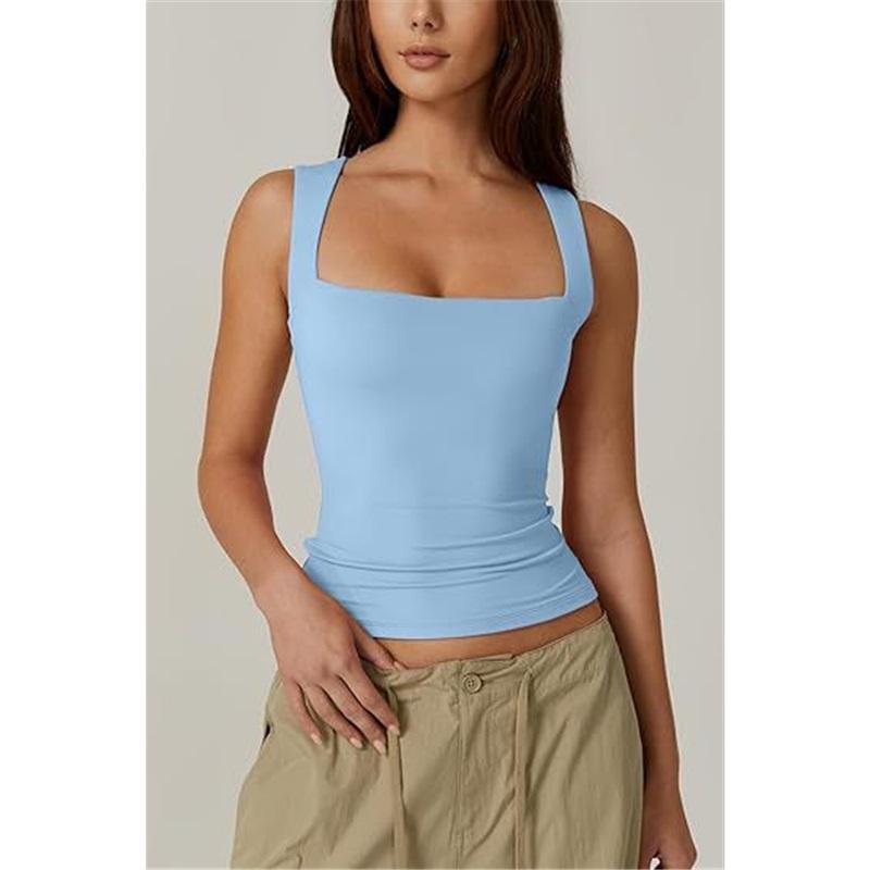 Summer Women's Square Neck Sleeveless Double Layer Vest Basic Skinny T-Shirt