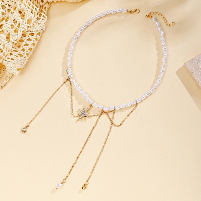 Bohemian Pearl Necklace Jewelry Personality Tassel Alloy Six Mans Collarbone Chain Women
