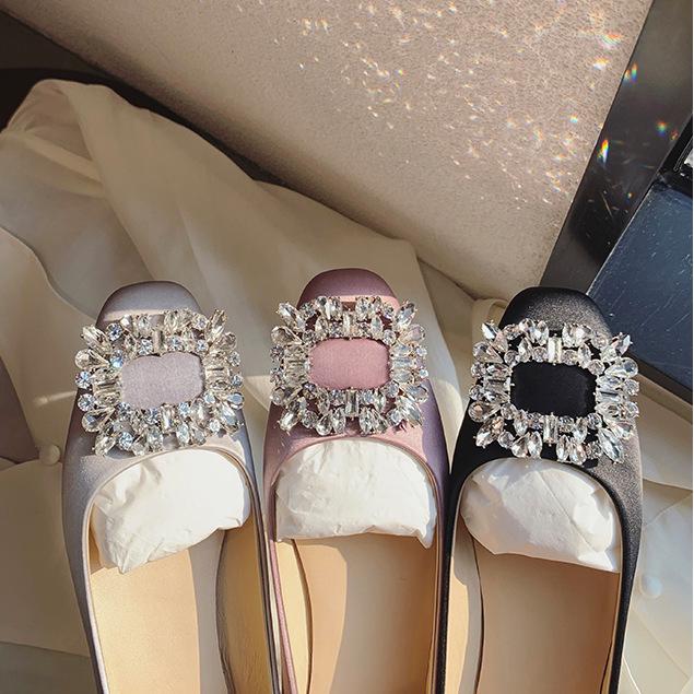 

Elegant Spring & Autumn Rhinestone Buckle Square Toe Satin Flats for Women 36