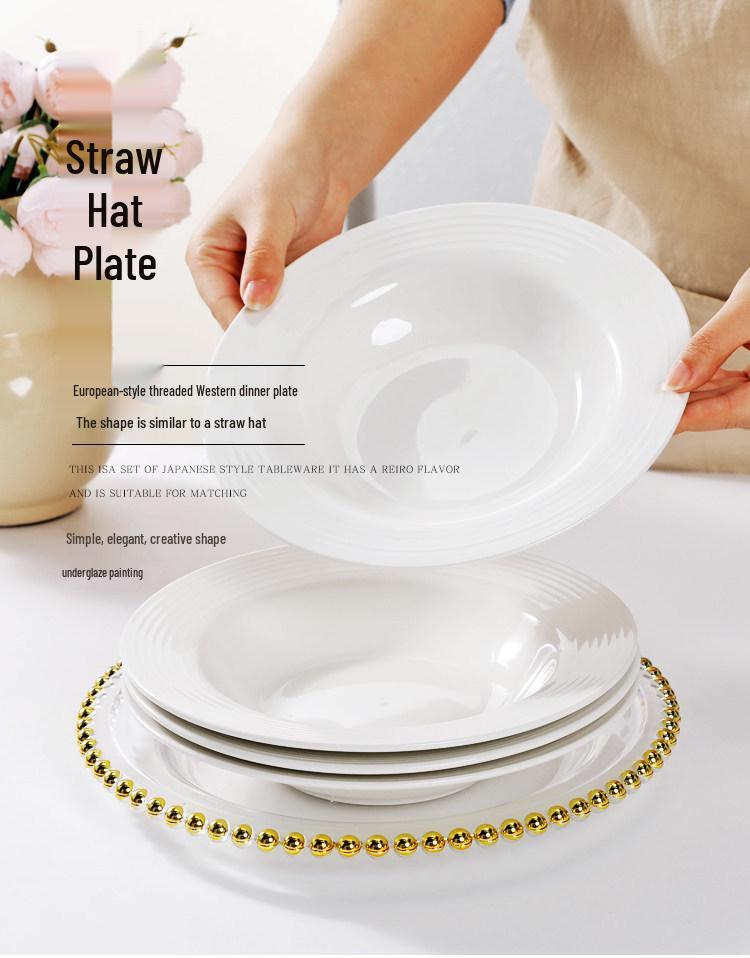 Set of 4 Plates: Dinner, Straw Hat, Deep Soup, 8-Inch Round, for Household, Tableware, Fruit, and Rice.