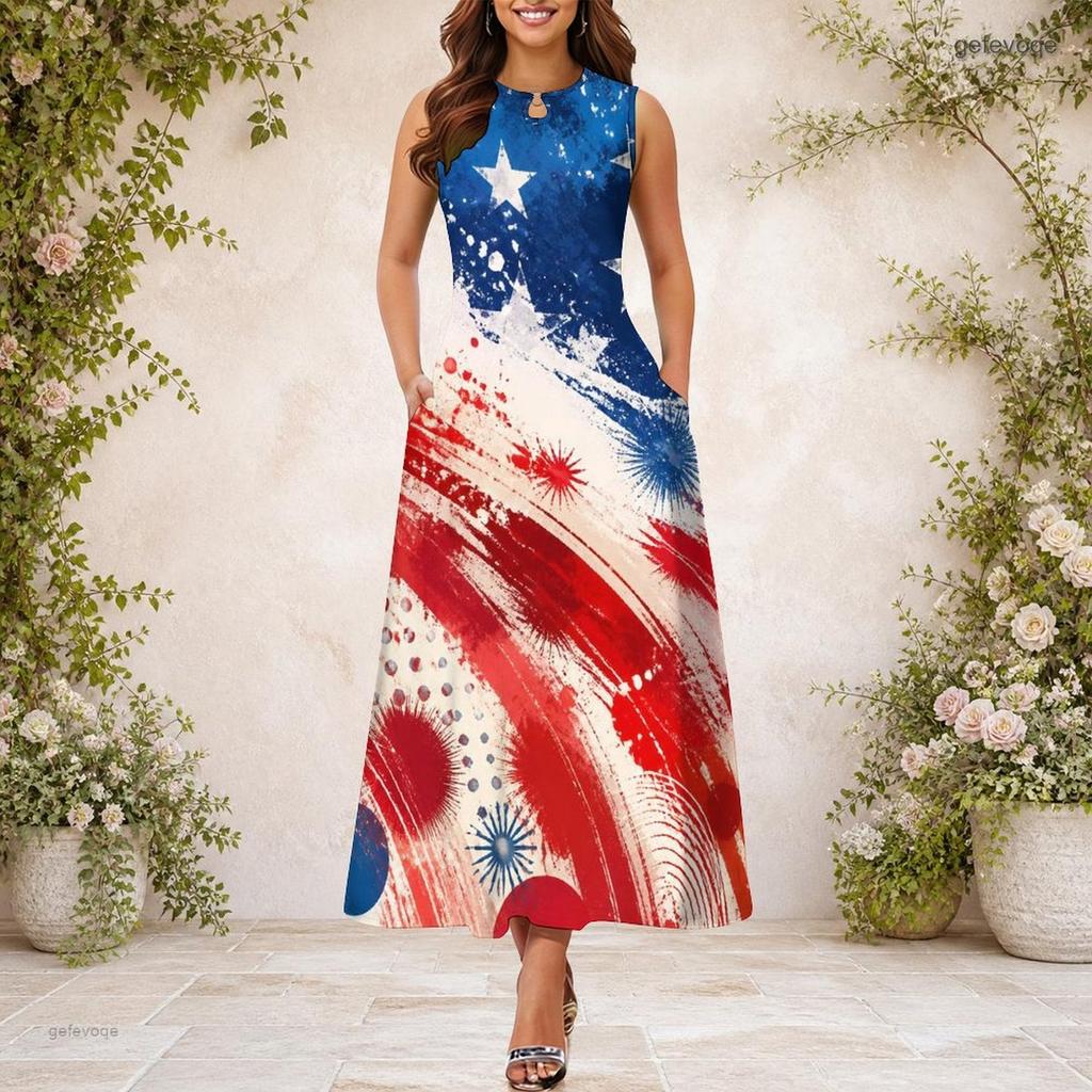 Women Plus Size Sleeveless Keyhole Neck Printed Navy Blue A Line Long Dress