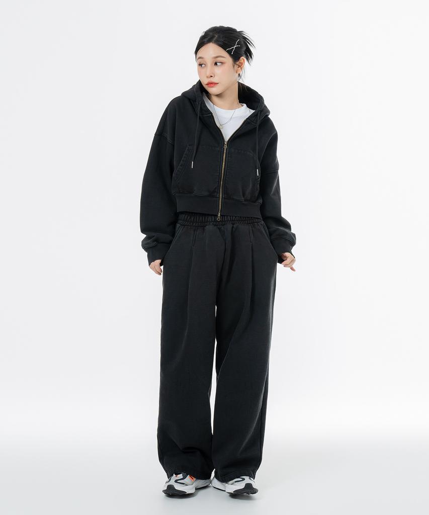 MOZMOZ Terry Brushed Pigment Wide One-Pleat String Training Pants Black