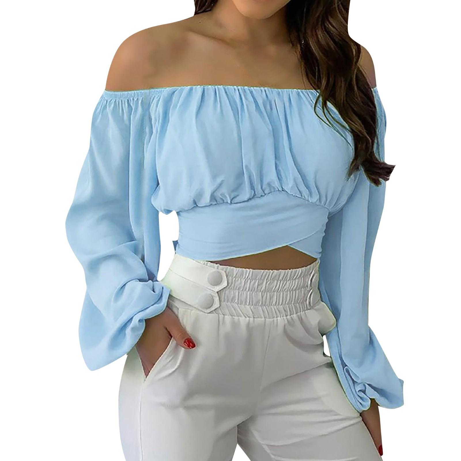 Весенние и летние женские топы с открытыми плечами и длинными рукавами с перекрестными бретелями XL синий