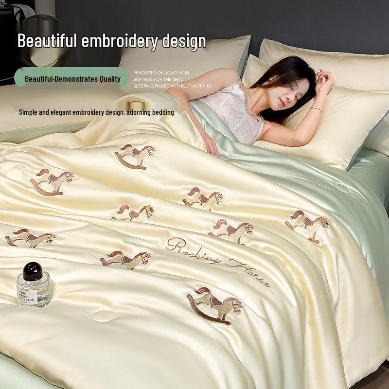 Summer Embroidery Silky Quilt Set – 4-Piece Bedding for Single/Double, Includes Bare Sleep & Air Conditioning Quilts