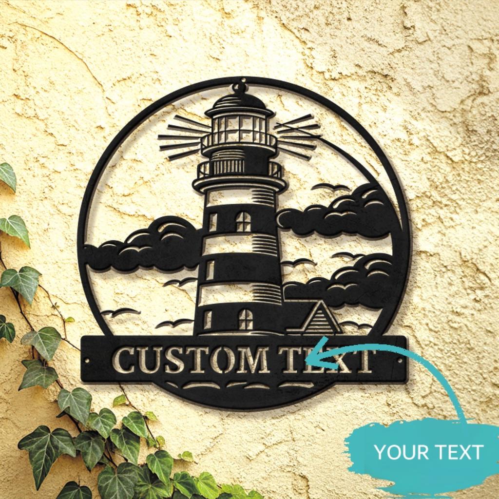 Custom Nautical Lighthouse Metal Wall Art, Personalized Coastal Home Decor with Custom Text, Rustic Beach House Gift