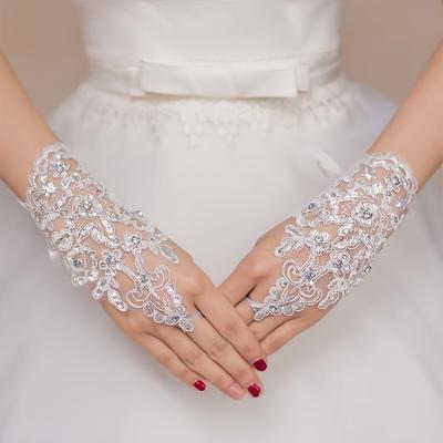 Stretchy Bridal Gloves Elegant White Lace Fingerless Bridal Gloves Decorative Floral Design with Bow Accent, Perfect for Wedding Dresses