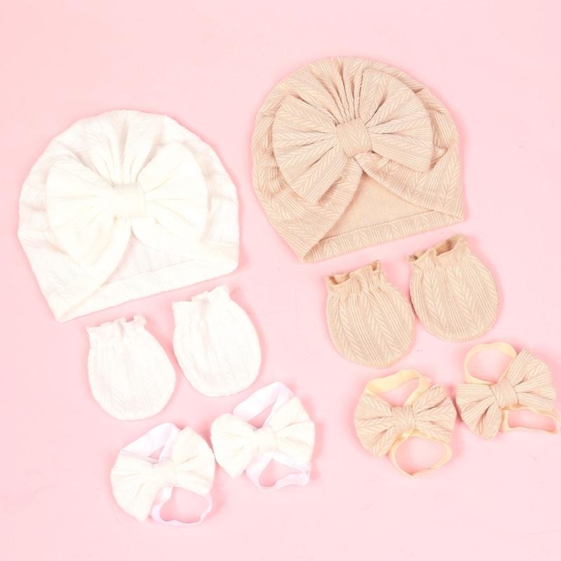 Baby Turban Hat Hospital Nursery Hat with Gloves & Feet Bowknot Newborns Soft Bonnet Caps Set for Baby 0-3 Month