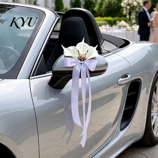 Rearview Mirror Ribbon Bows Calla Lily Wedding Car Door Handle Decorative Flower, White Artificial Flower Bouquet Elegant Gold Bead Satin Streamers