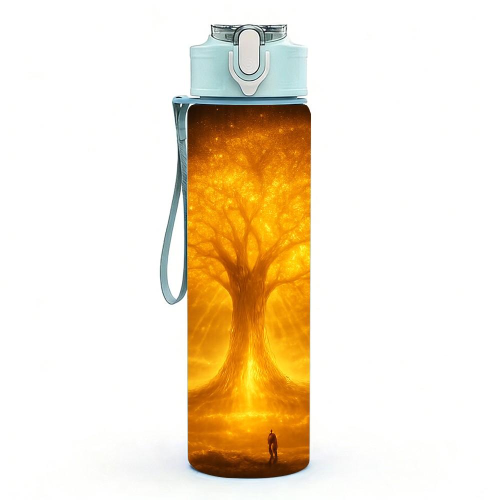 1PC Glowing Golden Tree Sunset Art Print 750ml Color Plastic Sports Water Bottle Leakproof Flip Straw Lid Suitable for Sports Office Home Use