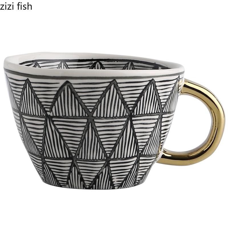 American Irregular Geometric Ceramic Coffee Cup with Gold Plated Handle Black and White Pattern Milk Tea Cup Home Accessories